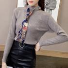 Long-sleeve Mock-neck Bow-accent Knit Top