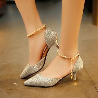 Chunky Heel Glitter Faux Pearl Sandals
