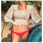 Set: Halter-neck Bikini + Flower Print Long-sleeve Rashguard