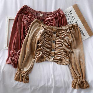 Boatneck Ruched Velvet Crop Blouse
