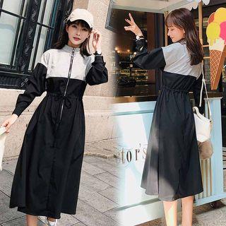 Zip-front Color-block Dress Black - One Size