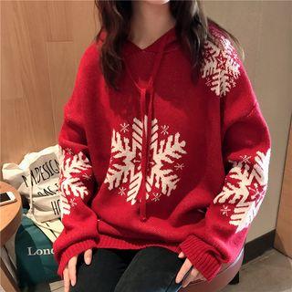 Snowflake Jacquard Hooded Long Sweater Red - One Size