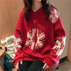 Snowflake Jacquard Hooded Long Sweater Red - One Size