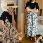 Set: Short-sleeve Crew Neck T-shirt + Floral Midi Overall Dress Set Of 2 - T-shirt & Dress - Black & White - One Size