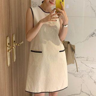 Contrast Trim Sleeveless A-line Dress Off-white - One Size