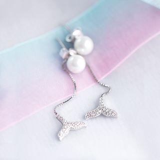 925 Sterling Silver Faux Pearl Whale Tail Dangle Earring 1 Pair - Earrings - One Size
