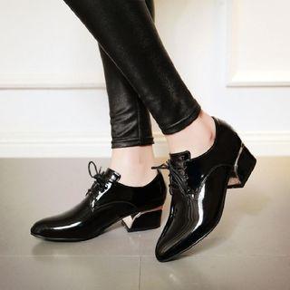 Faux Patent Leather Block Heel Lace-up Shoes
