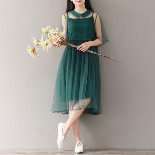 Short-sleeve Collared Sheer Dress With Slipdress