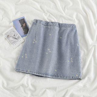 Star Embroidered A-line Denim Skirt