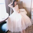 Long-sleeve Knit Panel A-line Maxi Sheer Dress