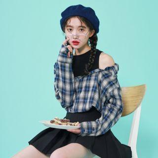 Mock Two-piece Cold-shoulder Long-sleeve Plaid Blouse As Shown In Figure - One Size