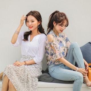 Elbow-sleeve Linen Blend Henley
