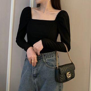 Long-sleeve Square-neck Cropped Plain Top