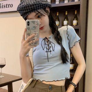 Short-sleeve Lace-up Slim-fit Top