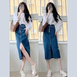 Puff-sleeve Ruffle Trim Blouse / Midi Denim Skirt