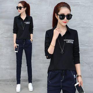 Long-sleeve Half Placket Lettering Blouse