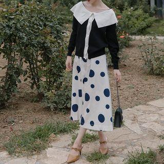 Set: Color Block Cardigan + Midi Dotted A-line Skirt