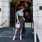 Set: Short-sleeve A-line Dress + Embellished Mesh Midi Skirt
