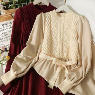 Patchwork Crew-neck Midi Dress With Sash