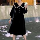 Lantern-sleeve Collared Midi A-line Dress