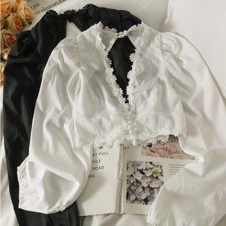Open-back Lace-trim V-neck Crop Top