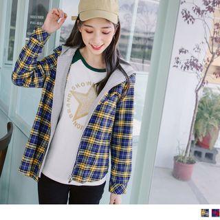 Mock Two Piece Hooded Panel Plaid Jacket