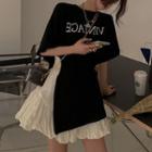 Short-sleeve Lettering Slit T-shirt / Plain Mini A-line Skirt