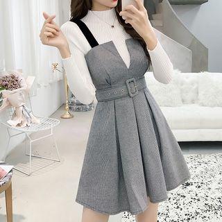 Mock Neck Knit Top / Mini Pinafore Dress / Set