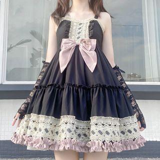 Set: Lace Fingerless Gloves + Spaghetti Strap Bow Accent Mini A-line Dress