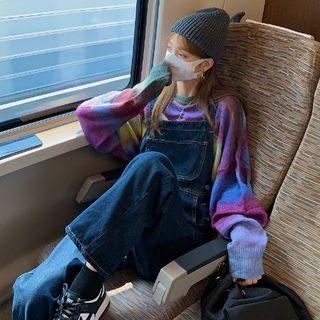 Color Block Sweater / Denim Dungaree Pants