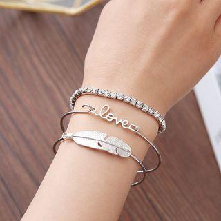 Set: Rhinestone Bracelet + Feather Bangle + Lettering Bangle As Shown In Figure - One Size