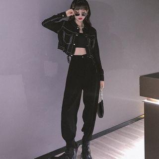 Set: Contrast Trim Cropped Shirt + Cropped Harem Pants