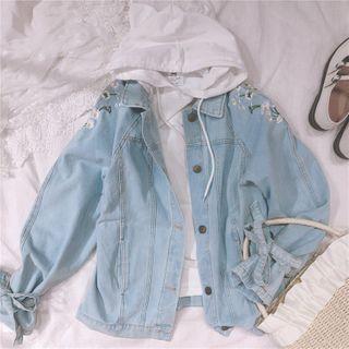Flower Embroidered Denim Jacket Light Blue - One Size