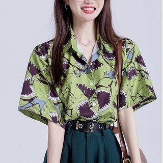Short-sleeve Graphic Print Shirt Green - One Size