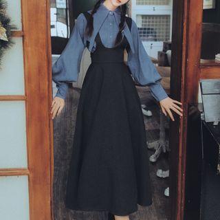 Set: Puff-sleeve Tie-neck Blouse + Midi Overall Dress