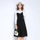 Long-sleeved Color-block Crewneck A-line Panel Knitted Dress