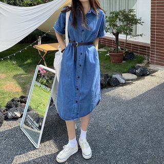 Short-sleeve Denim Shirt Dress Dark Blue - One Size