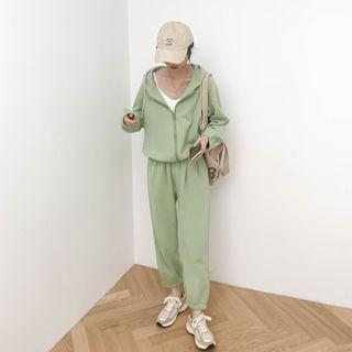 Plain Hooded Zip Oversize Hoodie / High-waist Plain Straight-cut Pants
