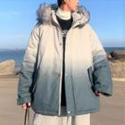Padded Faux Fur Trim Gradient Zip Jacket