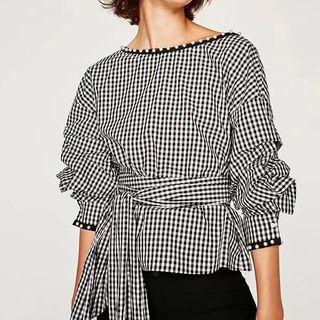 Long-sleeve Tie-waist Gingham Blouse