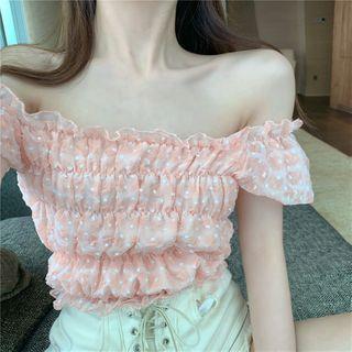 Ruffled Off-shoulder Puff-sleeve Chiffon Blouse