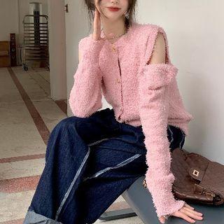 Detachable Off-shoulder Long-sleeve Cardigan Pink - One Size
