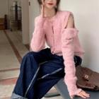 Detachable Off-shoulder Long-sleeve Cardigan Pink - One Size