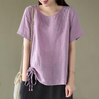 Short-sleeve Floral Embroidered Drawstring Blouse