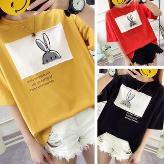Elbow-sleeve Rabbit Appliqued T-shirt