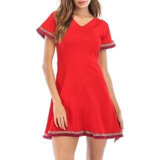 Short-sleeve Embroidered Trim Tasseled A-line Dress