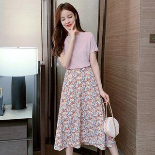 Set: Plain Short-sleeve Top + Floral Midi A-line Skirt