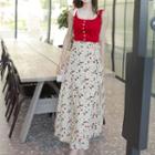 Set: Buttoned Sleeveless Top + Floral Long Wrap Skirt Red - One Size