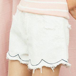 Scallop Trim Embroidered Denim Shorts