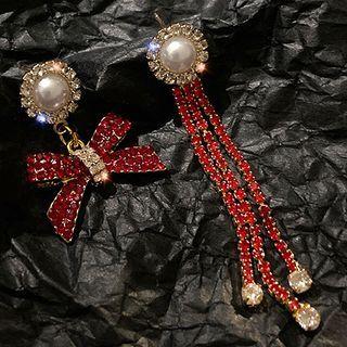 Asymmetrical Faux Pearl Drop Earring 1 Pair - Silver Stud - Red - One Size